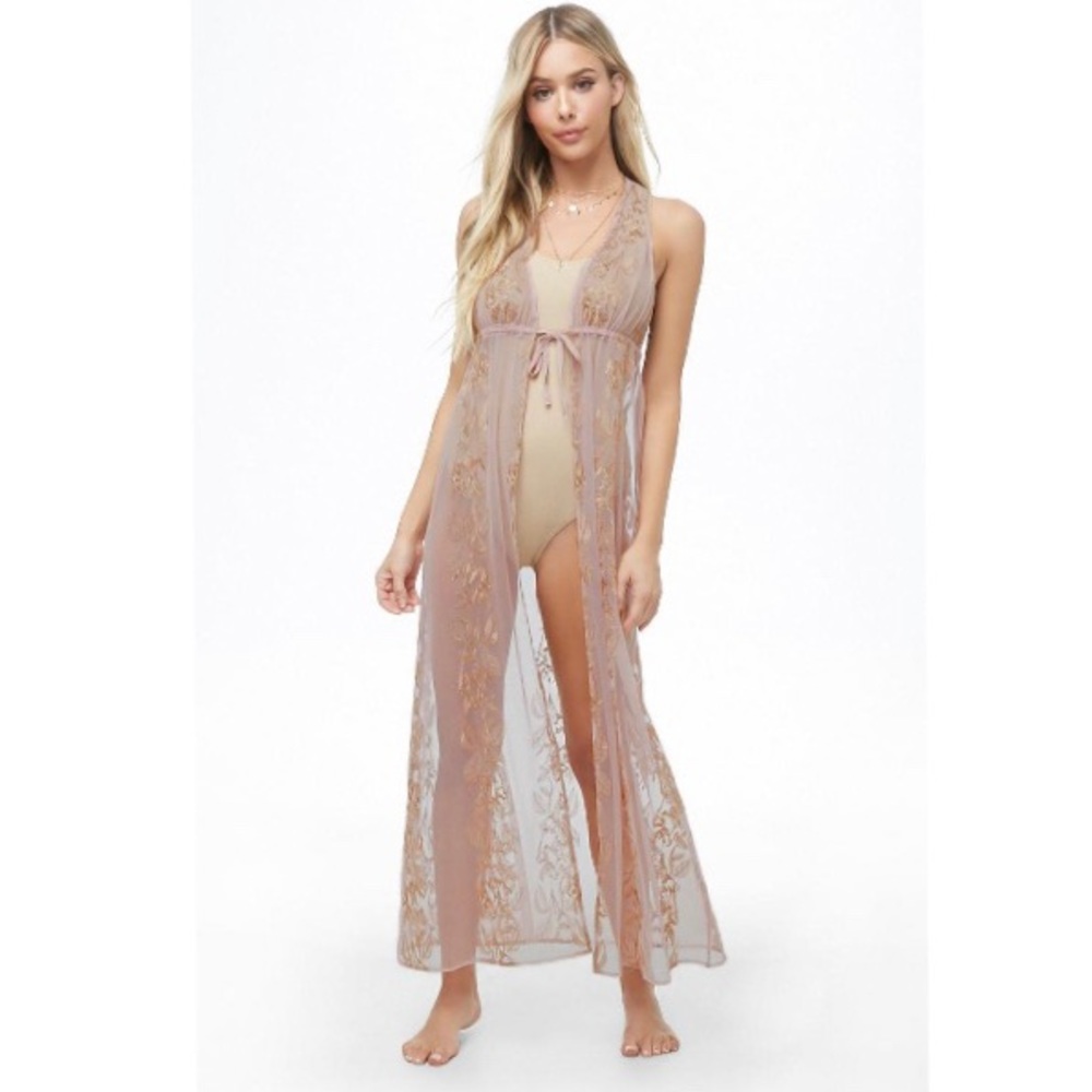 Forever 21 Rose Gold Metallic Floral Duster Vest